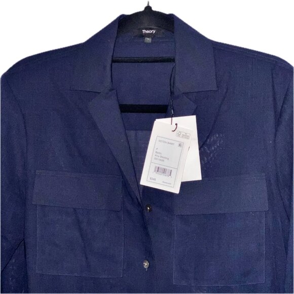THEORY Airy Shirt Sheer Navy Blue Womens Sz P Button-up Notch Collar Hi-Lo Hem - Picture 3 of 10